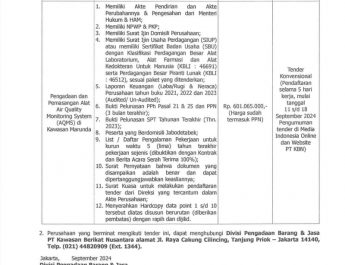 Tender pengadaan dan Pemasangan Alat Air Quality Monitoring System (AQMS) di Kawasan Marunda PT Kawasan Berikat Nusantara.