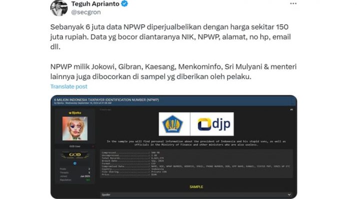 Nama Jokowi, Gibran, Kaesang, dan Sri Mulyani Muncul Dalam Data Pribadi yang Bocor dari Dirjen Pajak